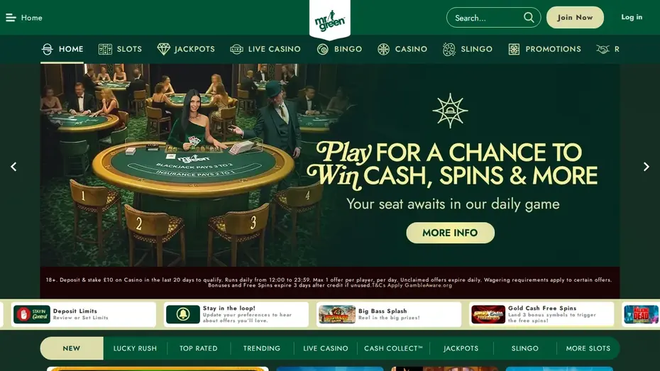 Mr Green homepage: the Mr Green logo over a green menu of Slots, Jackpots, Live Casino, Bingo, Casino, Slingo and Promotions, a live blackjack table, then a row of shortcuts including Deposit Limits.