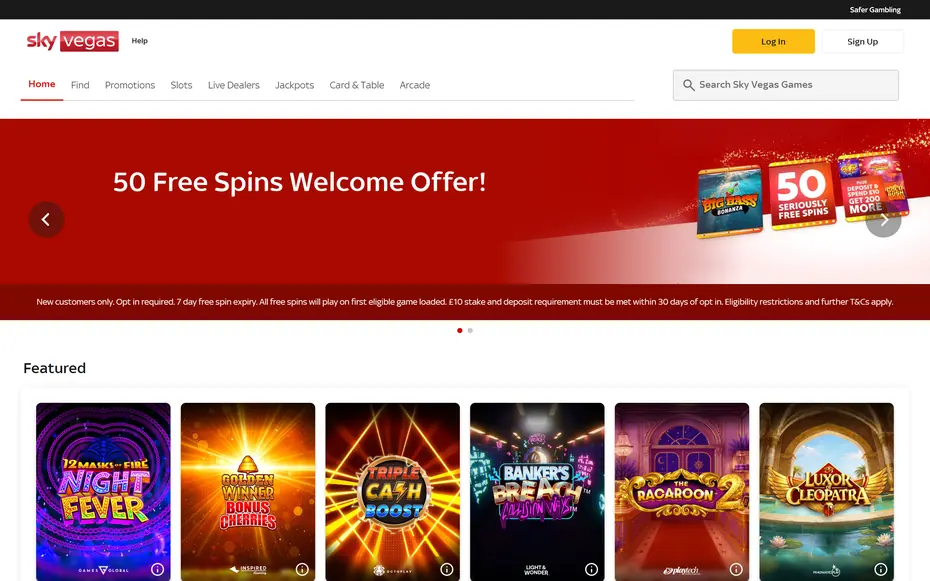 Sky Vegas homepage: the red Sky Vegas logo, a Log In button, a menu of Home, Find, Promotions, Slots, Live Dealers, Jackpots, Card & Table and Arcade, a game search box and a Featured grid of slot tiles.
