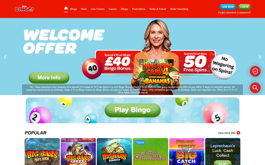 Sun Bingo homepage: the Sun Bingo logo on a red bar with links to Bingo, Slots, Live Casino, Casino, Slingo, Promotions and Safer Gambling, a Play Bingo banner.