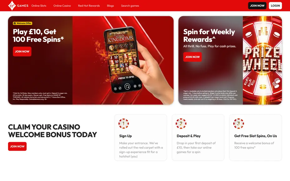 Virgin Games homepage: a red bar with links to Online Slots, Online Casino, Red Hot Rewards and Blogs, a Prize Wheel banner.