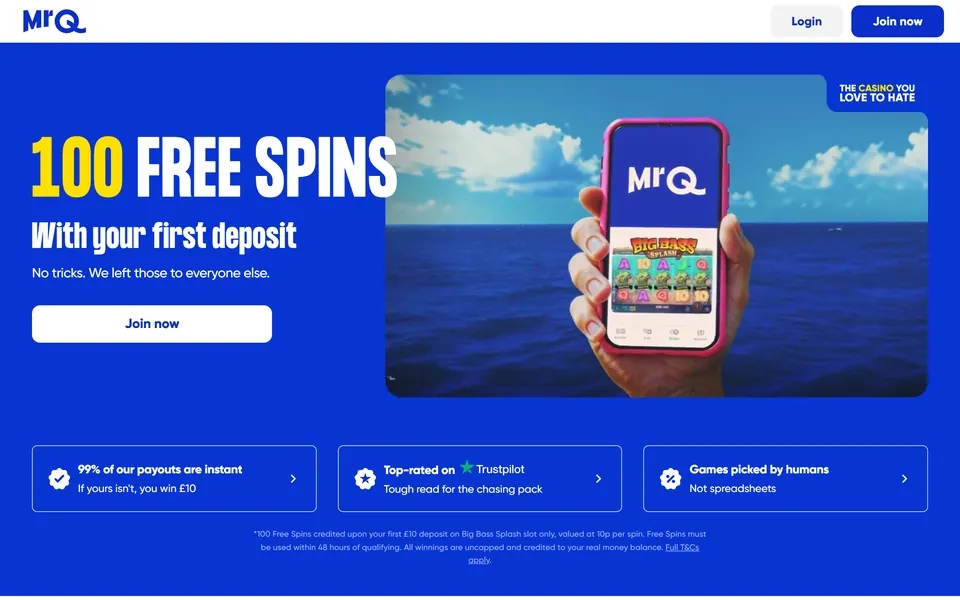 MrQ’s homepage: the blue MrQ logo and a login button.